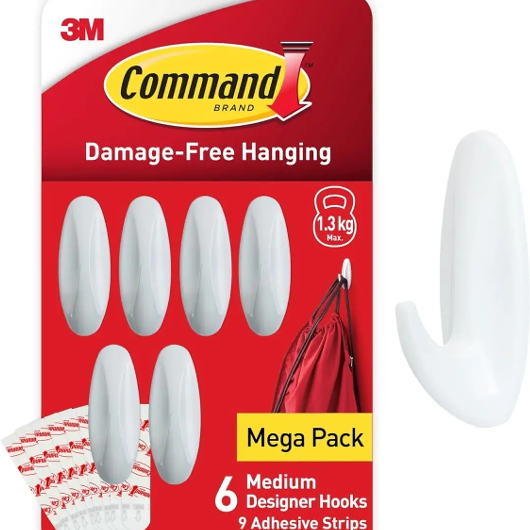 Command Pack de 6 Ganchos de Diseño Medianos - 9 Tiras Adhesivas - Soportan hasta 1.3kg - Color Blanco 1