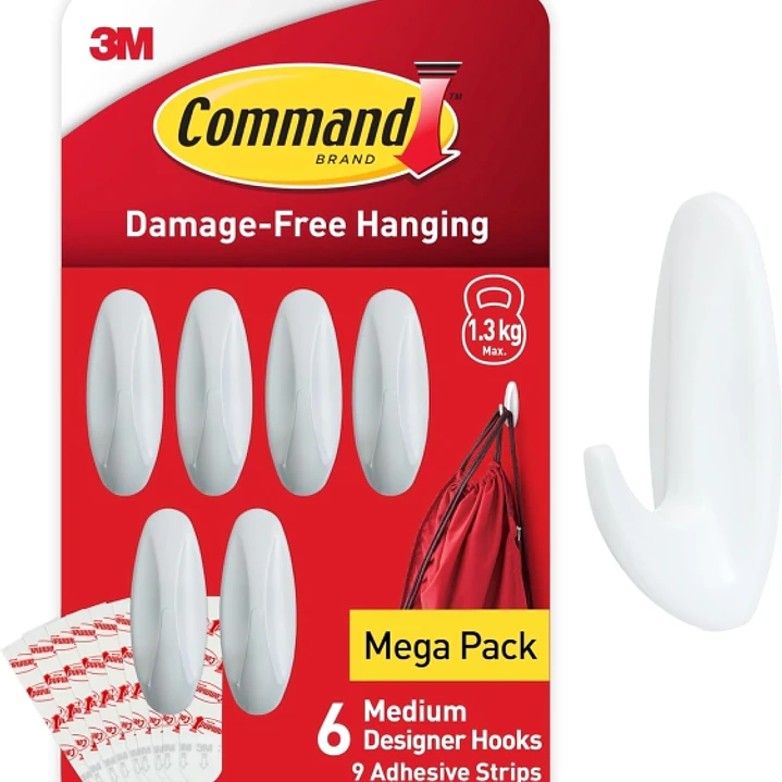 Command Pack de 6 Ganchos de Diseño Medianos - 9 Tiras Adhesivas - Soportan hasta 1.3kg - Color Blanco 1