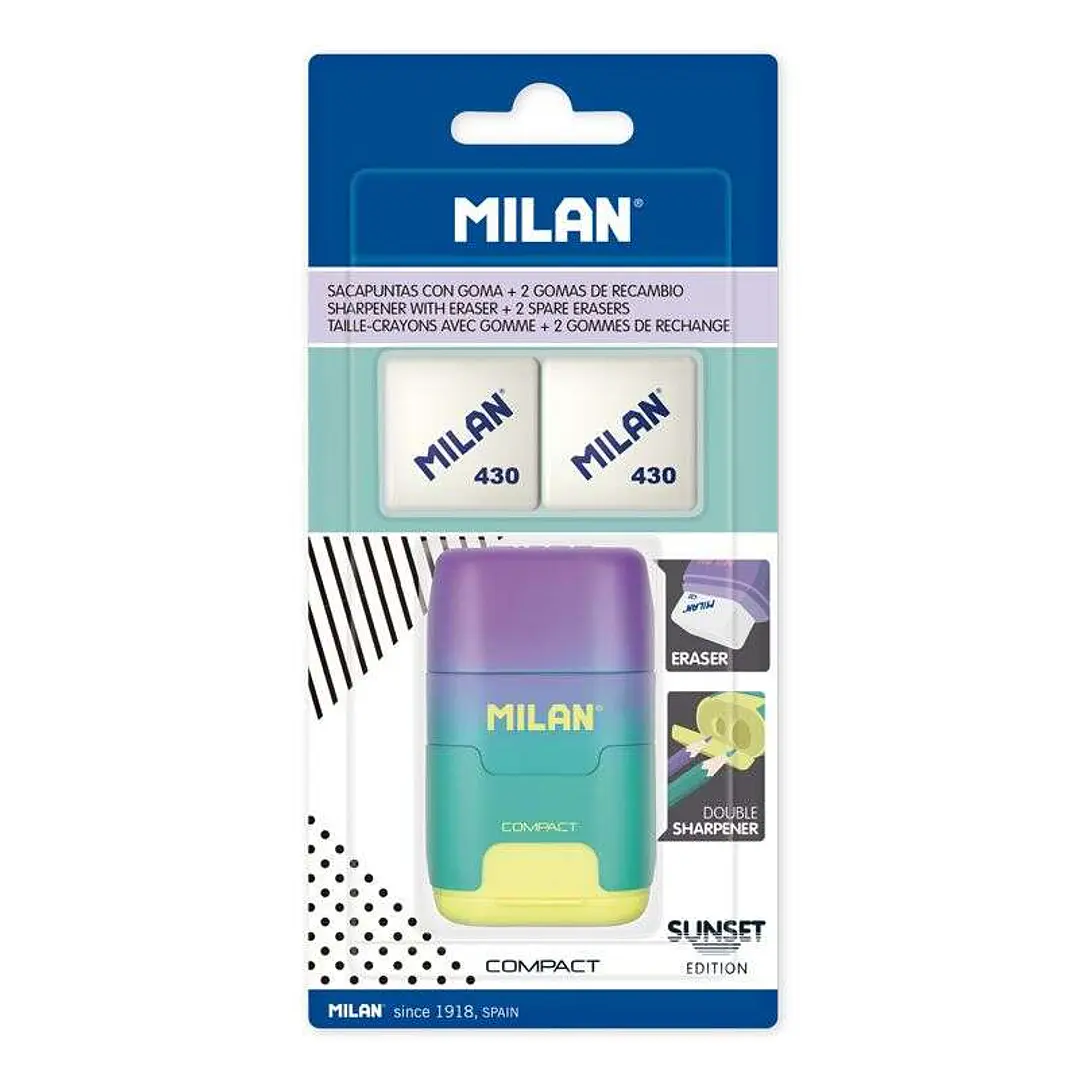 Milan Compact Sunset Afilaborra Compact con 2 Gomas de Borrar - Sacapuntas Doble - Cuchilla de Seguridad - Color Turquesa/Violeta/Amarillo 1