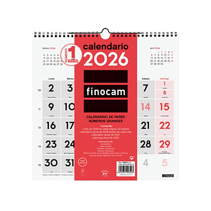 Finocam Calendario de Pared - Anual 2026 - 300x5x310mm - Numeros Grandes - Color Blanco y Rojo