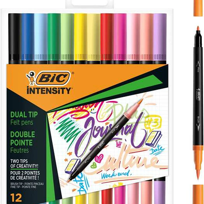 Bic Intensity Dual Tip Pack de 12 Rotuladores Doble Punta - Punta de Pincel + Punta Fina - Tinta con Base de Agua - Colores Clasicos y Pastel Surtidos 1