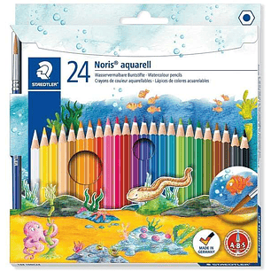Staedtler Noris Aquarell Pack de 24 Lapices Hexagonales de Colores + Pincel - Refuerzo de Mina para Mayor Resistencia a la Rotura - Madera de Bosques 