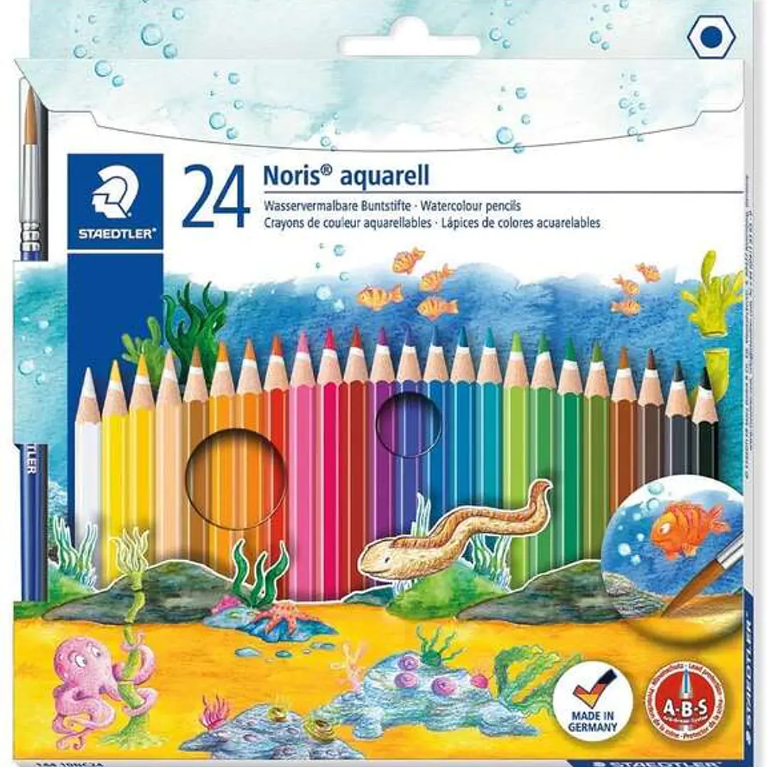 Staedtler Noris Aquarell Pack de 24 Lapices Hexagonales de Colores + Pincel - Refuerzo de Mina para Mayor Resistencia a la Rotura - Madera de Bosques  1