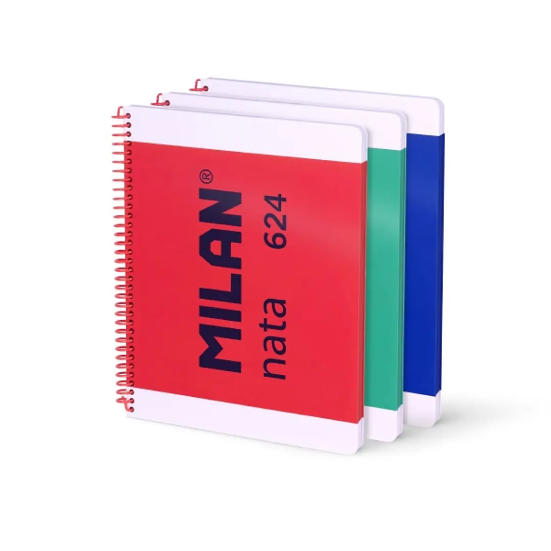 Milan Nata 624 Pack de 3 Cuadernos Espiral Formato A4 Liso - 80 Hojas de 95 gr/m2 - Microperforado, 4 Taladros - Colores Surtidos 1