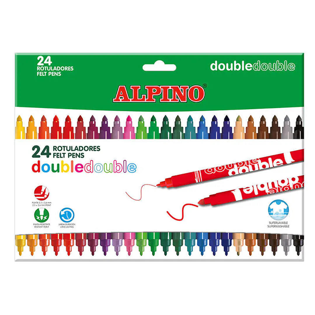 Alpino Double Double Pack con 24 Rotuladores Doble Punta - Punta Gruesa 3.6mm y Fina 2.3mm - Tinta Superlavable - Ideal para Trabajos Escolares y Dibu 1