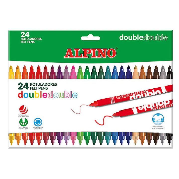 Alpino Double Double Pack con 24 Rotuladores Doble Punta - Punta Gruesa 3.6mm y Fina 2.3mm - Tinta Superlavable - Ideal para Trabajos Escolares y Dibu 1