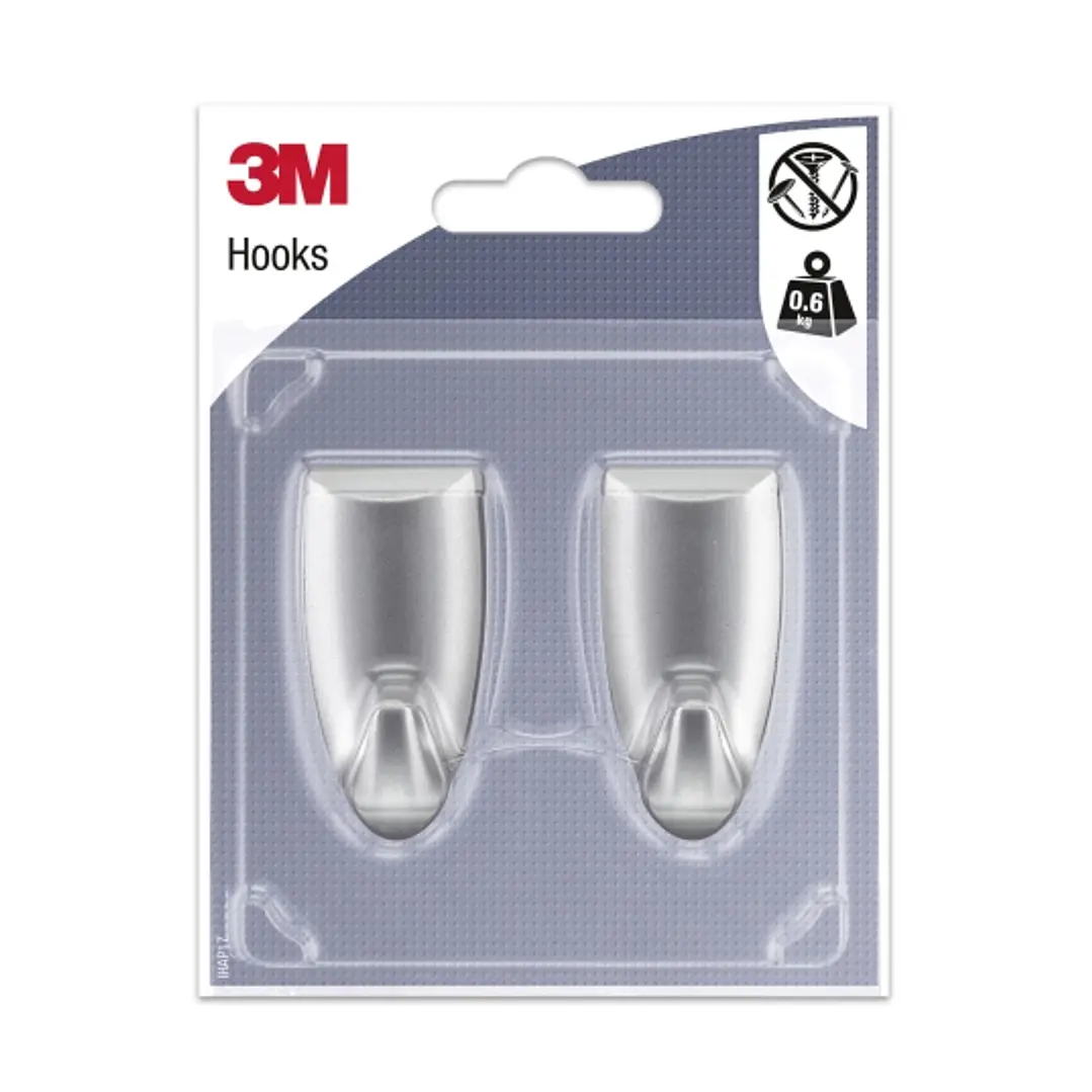 3M Pack de 2 Ganchos Adhesivos Modernos - Formato M - Soporta hasta 0.6kg - Color Gris Metalizado 1