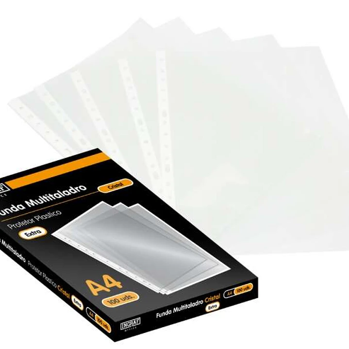 Ingraf Pack de 100 Fundas Multitaladro A4 Transparentes 70 Micras - Acabado en Cristal 1