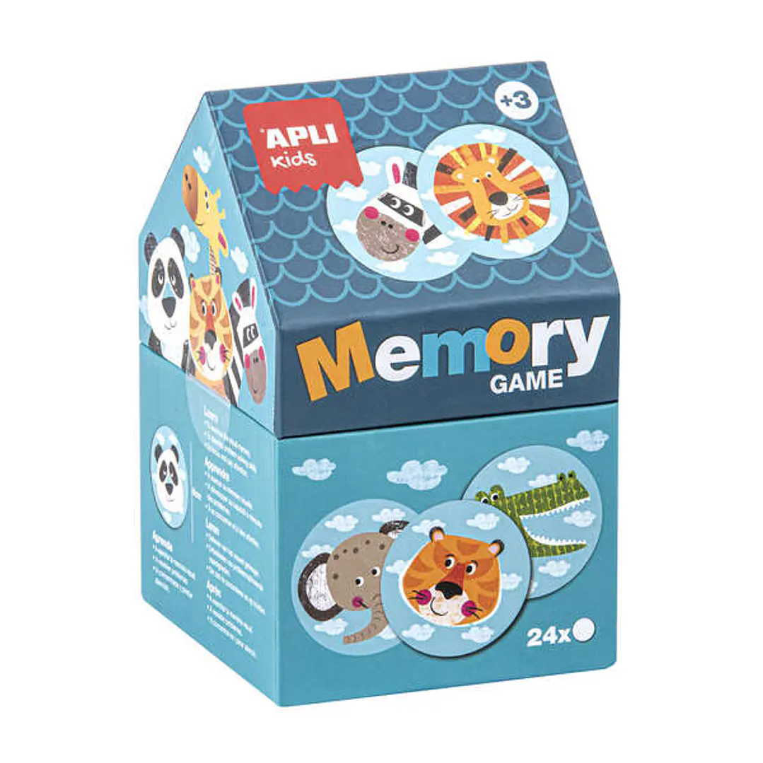 Apli Juego de Memoria Infantil - 24 Piezas Ø 8 cm - Dibujos de Animales Divertidos - Caja en Forma de Casita - Resistentes y Seguras - Mejora la Conce 1