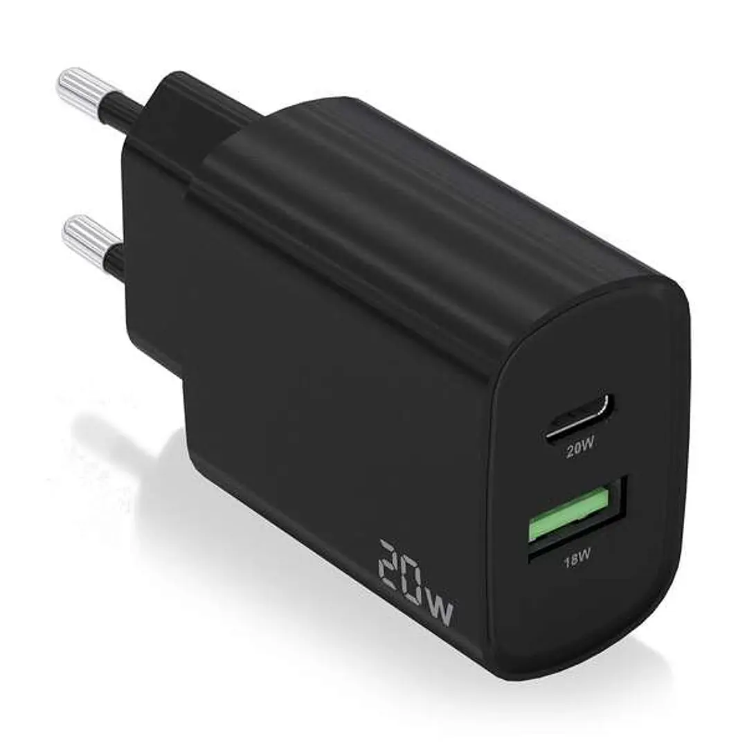 Aisens Cargador 20W - 1xUSB-C PD3.0 - 1xUSB-A QC3.0 - Color Negro 1