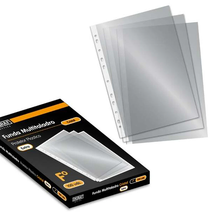 Ingraf Pack de 100 Fundas Multitaladro Folio Transparente 70 Micras - Acabado en Cristal 1