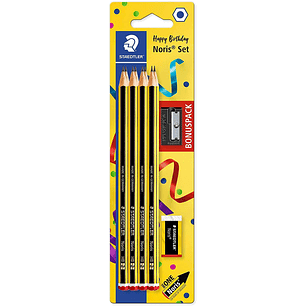 Staedtler Noris 120 Pack de 8 Lapices de Grafito Hexagonales + Goma de Borrar + Sacapuntas - Mina HB Ultrarresistente de 2mm - Madera de Bosques Soste