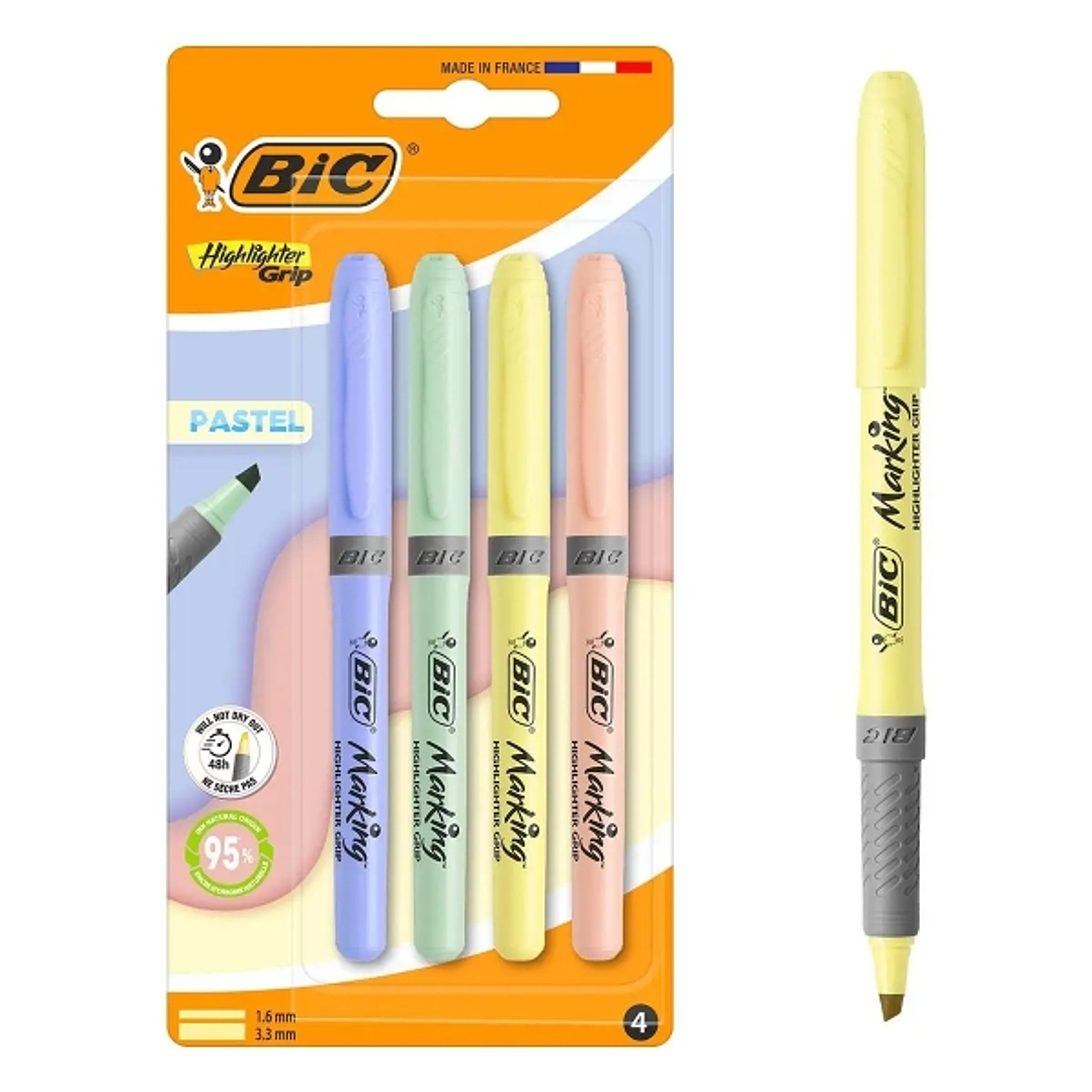 Bic Highlighter Grip Pack con 4 Marcadores Fluorescentes Pastel - Punta Biselada - Trazo entre 1.60 y 3.30 mm - Grip Texturizado - Colores Surtidos 1