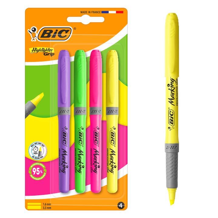Bic Highlighter Grip Pack con 4 Marcadores Fluorescentes - Punta Biselada - Trazo entre 1.60 y 3.30 mm - Grip Texturizado - Colores Surtidos 1