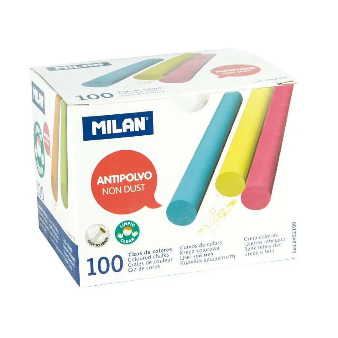 Milan Pack de 100 Tizas - Redondas - Antipolvo - No Contienen Caseina ni Yeso - Colores Surtidos 1