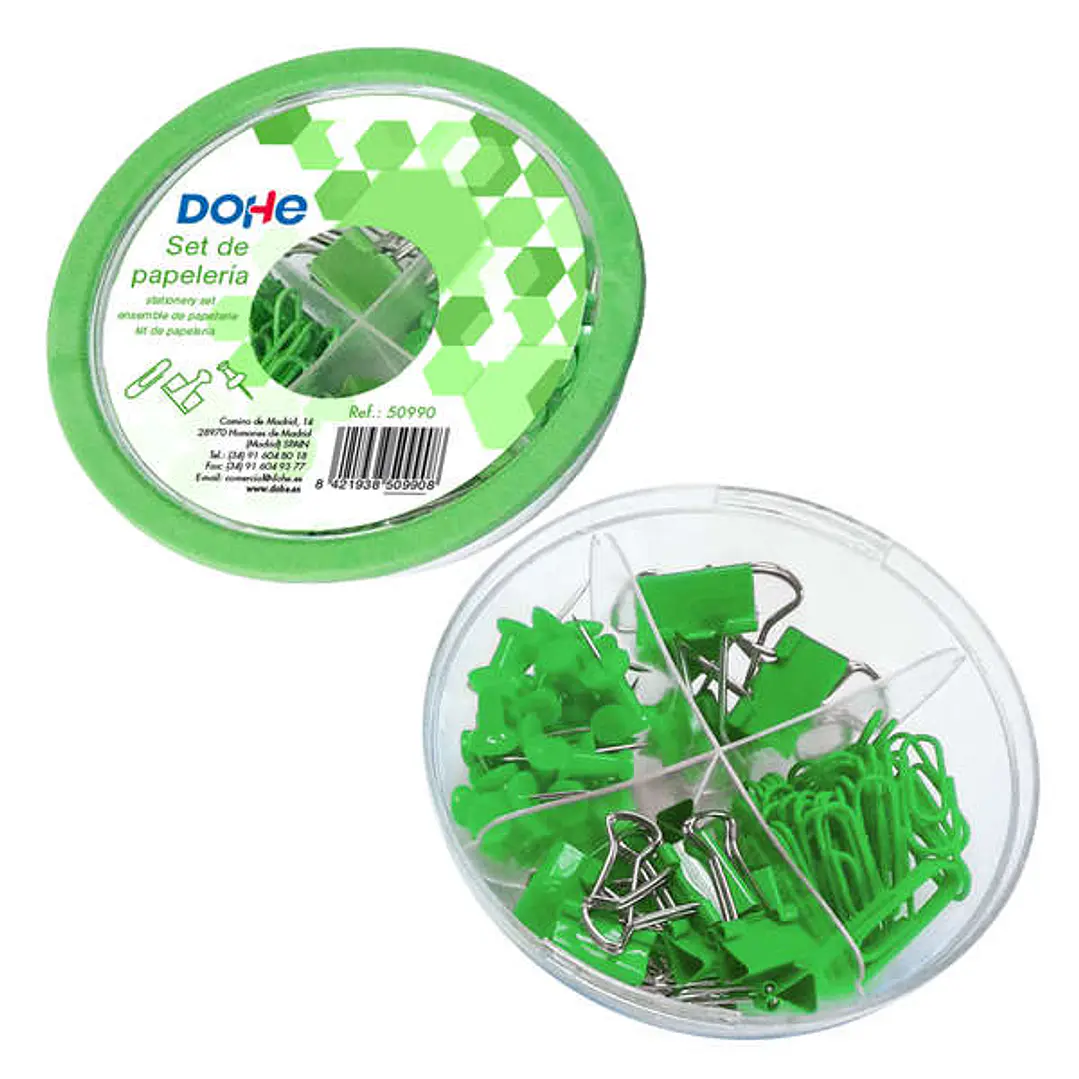Dohe Combo Ovni Pack de Accesorios de Escritorio - 12 Pinzas de 15mm, 5 Pinzas de 19mm, 50 Clips de 28mm y 30 Push Pins de 22mm - Color Verde 1