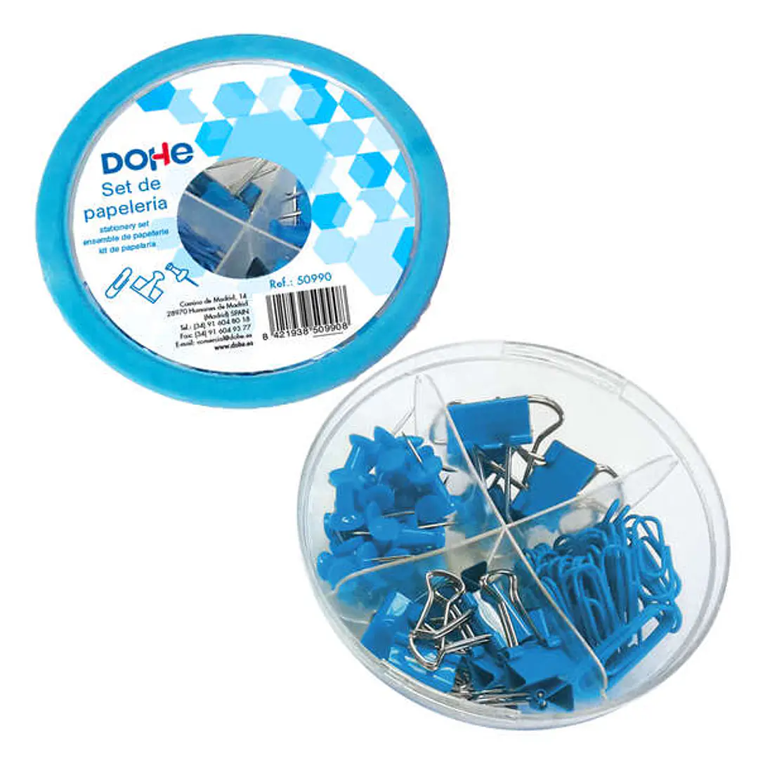 Dohe Combo Ovni Pack de Accesorios de Escritorio - 12 Pinzas de 15mm, 5 Pinzas de 19mm, 50 Clips de 28mm y 30 Push Pins de 22mm - Color Azul 1