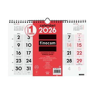 Finocam Calendario de Pared en Catalan - Anual 2026 - Formato M - 300x5x220mm - Numeros Grandes - Color Blanco y Rojo