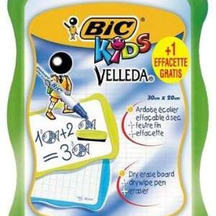 Bic Velleda Kids Pizarra Escolar Blanca y Milimetrada + 1 Marcador Velleda Azul + 1 Borrador - Dimensiones: 20x30cm - Colores Aleatorios 1
