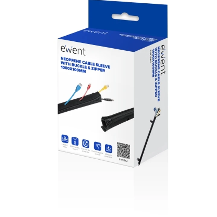 Ewent Manguito Organizador de Cable Neopreno - Cierre con Cremallera y Hebilla - Proteccion Frente a Humedad - 1m - 100mm - Color Negro 1