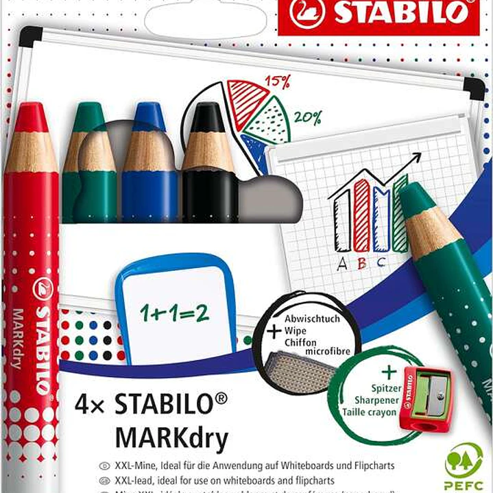 Stabilo MARKdry Pack de 4 Marcadores para Pizarra + Sacapuntas + Paño de Limpieza - Mina XXL de 10mm - Madera 100% Certificada PRFC - Colores Azul, Ve 1