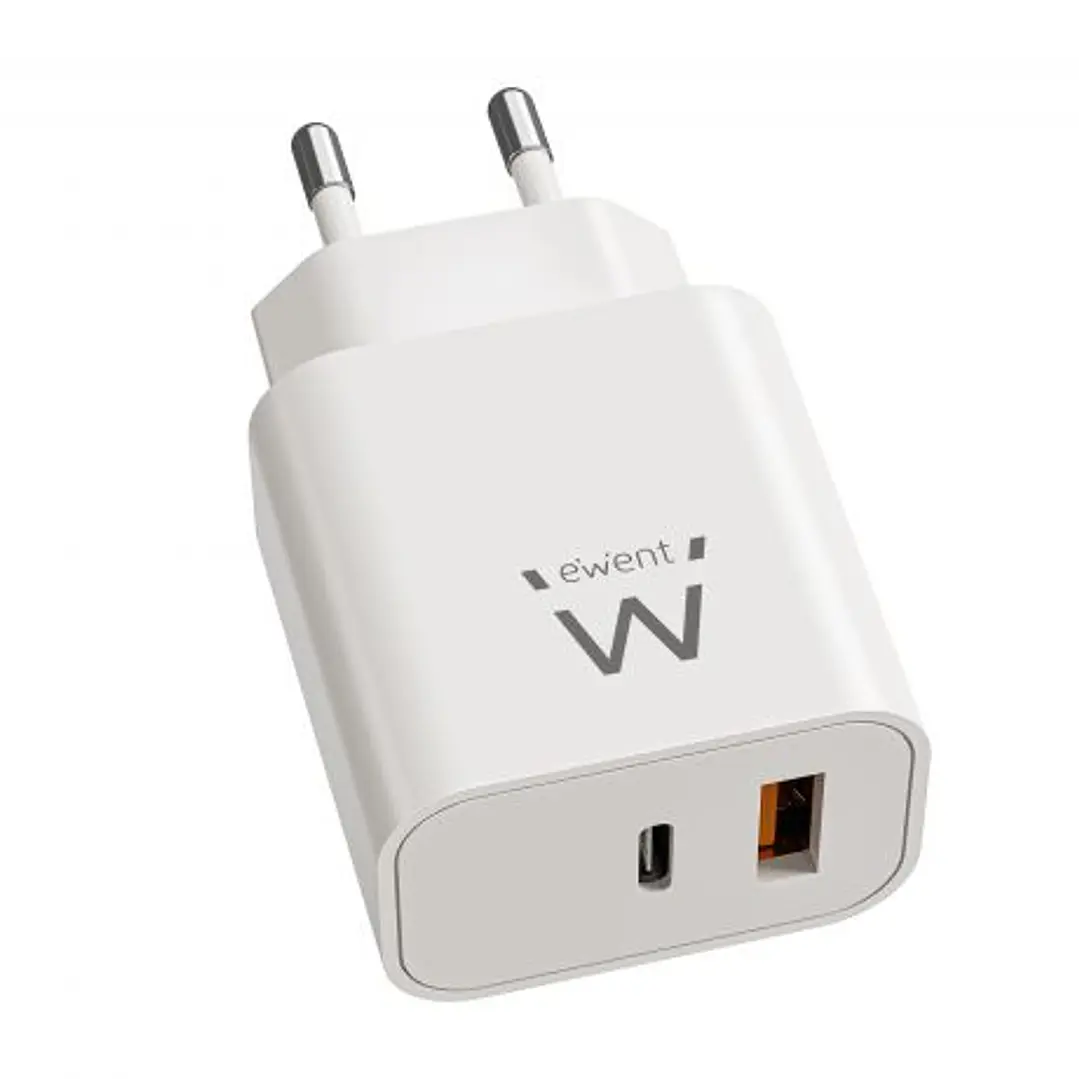 Ewent EW1318 Cargador GAN 20W - USB-C PD y USB-A QC - Carga Rapida - Alta Eficiencia - Diseño Compacto - Color Blanco 1