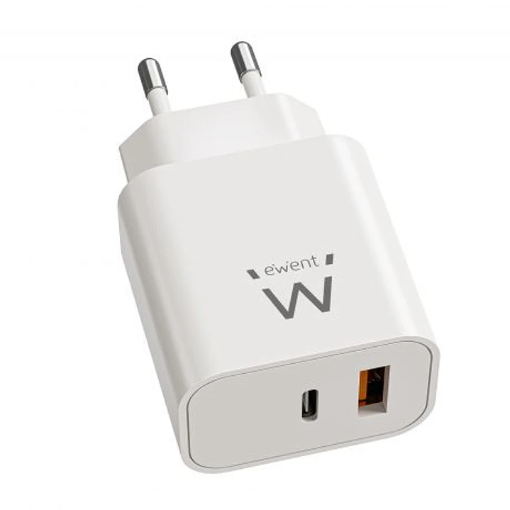 Ewent EW1318 Cargador GAN 20W - USB-C PD y USB-A QC - Carga Rapida - Alta Eficiencia - Diseño Compacto - Color Blanco 1