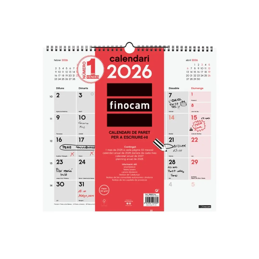 Finocam Calendario de Pared en Catalan - Anual 2026 - 340x5x330mm - Espacio para Escribir - Color Blanco y Rojo 1