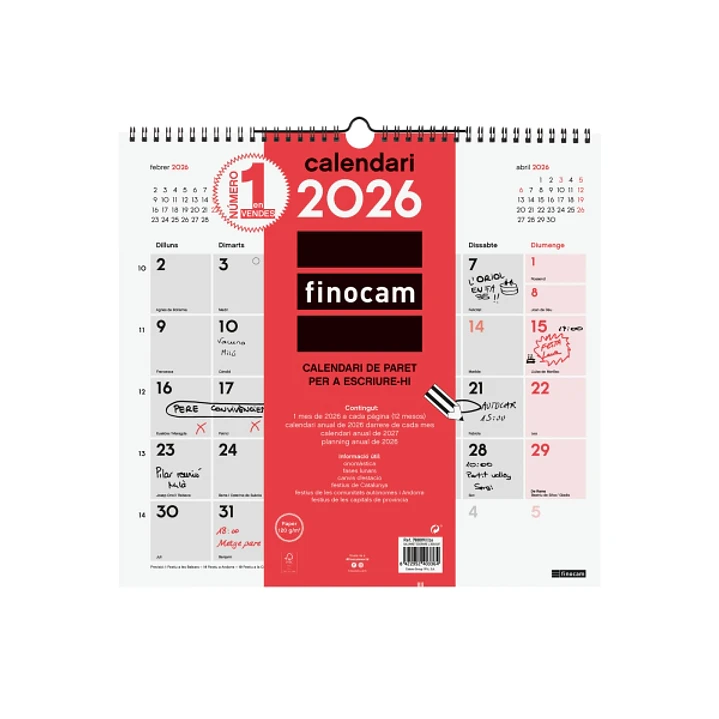 Finocam Calendario de Pared en Catalan - Anual 2026 - 340x5x330mm - Espacio para Escribir - Color Blanco y Rojo 1