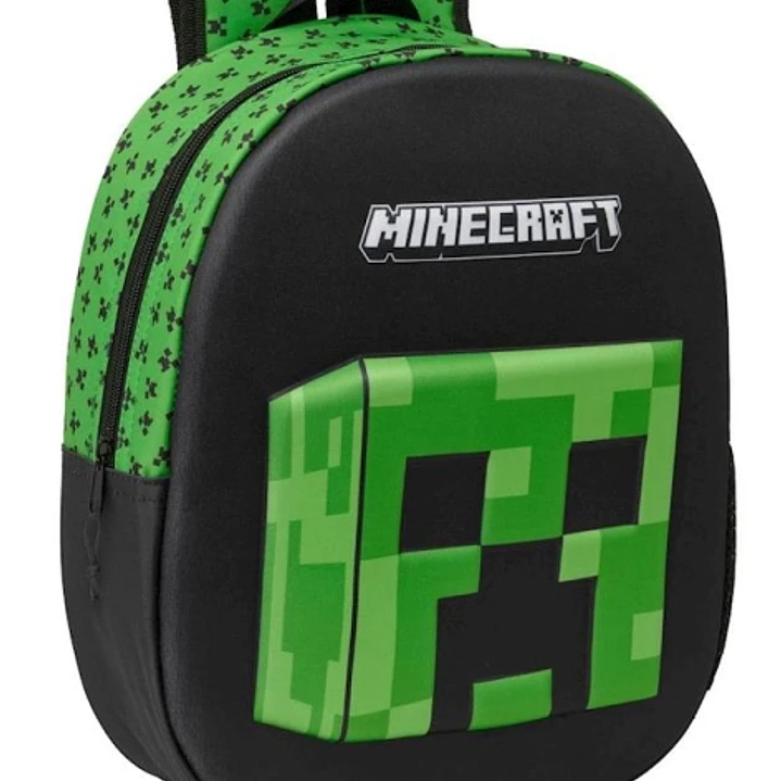 Safta Minecraft Mochila 3D - Asa de Mano - Portabotellas Lateral - 27x33x10cm - Color Negro/Verde 1