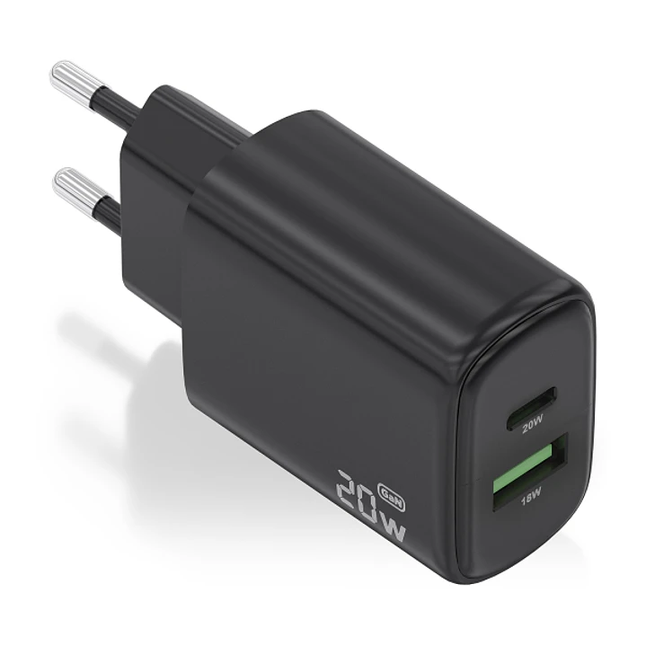 Aisens Cargador GaN 20W - 1xUSB-C PD3.0 - 1xUSB-A QC3.0 - Color Negro 1