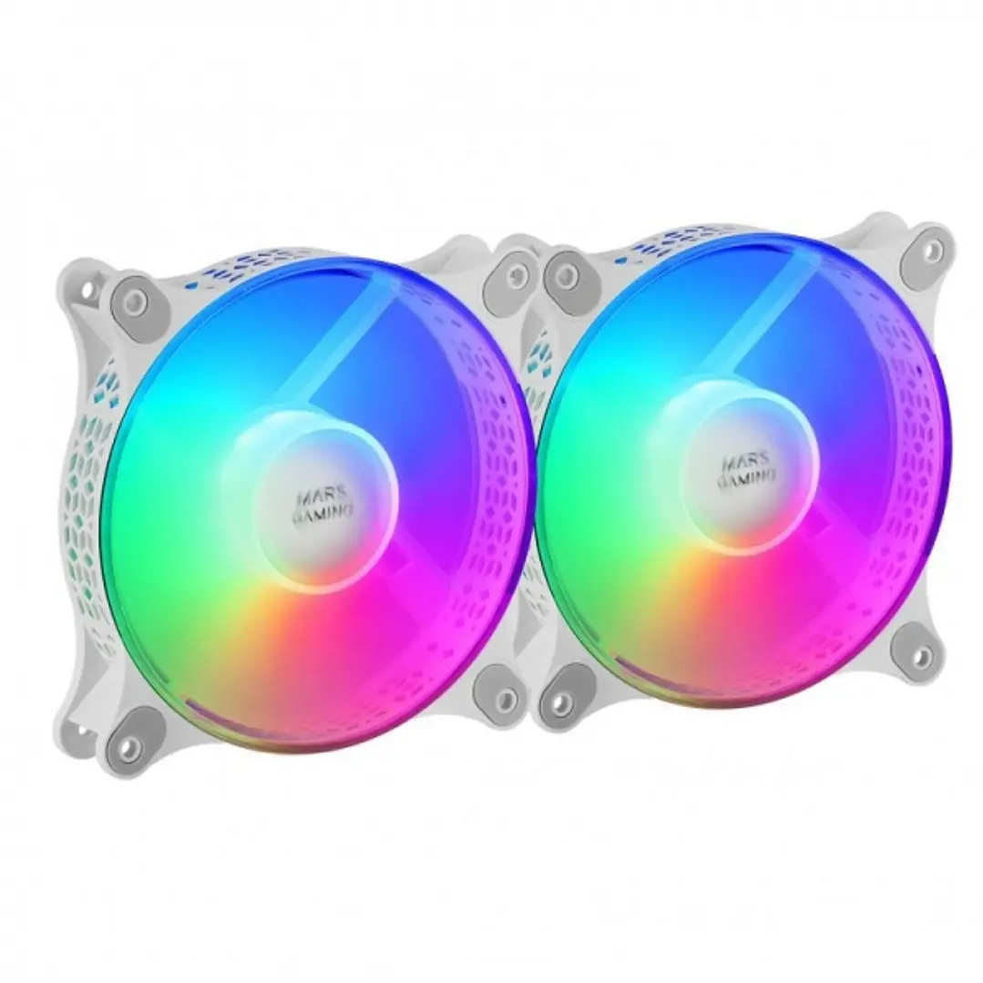 Mars Gaming MF-DUO Kit de Ventiladores - Iluminacion 360º FRGB RAINBOW - Ultra Silencioso - Conectividad 3PIN+4PIN - 2 Unidades - Color Blanco 1