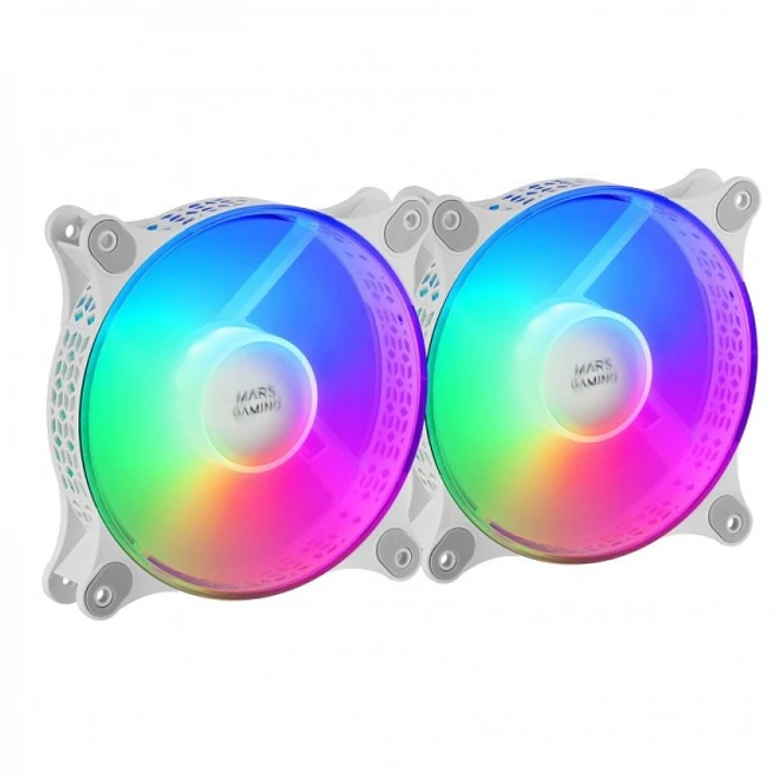 Mars Gaming MF-DUO Kit de Ventiladores - Iluminacion 360º FRGB RAINBOW - Ultra Silencioso - Conectividad 3PIN+4PIN - 2 Unidades - Color Blanco 1