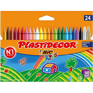 Bic Kids Plastidecor Caja de 24 Lapices de Cera - Extraresistentes - Facil de Sacar Punta - No Mancha