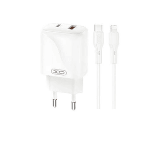 XO L158 Cargador de Corriente 20W - USB-A y USB-C - Alto Rendimiento - Incluye Cable USB-C a Lightning - Color Blanco