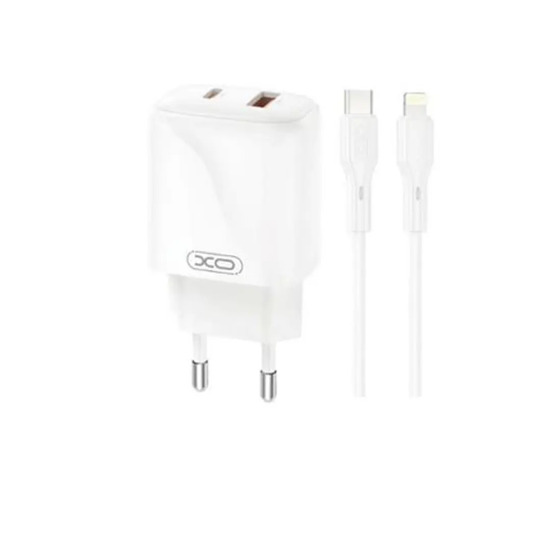 XO L158 Cargador de Corriente 20W - USB-A y USB-C - Alto Rendimiento - Incluye Cable USB-C a Lightning - Color Blanco 1