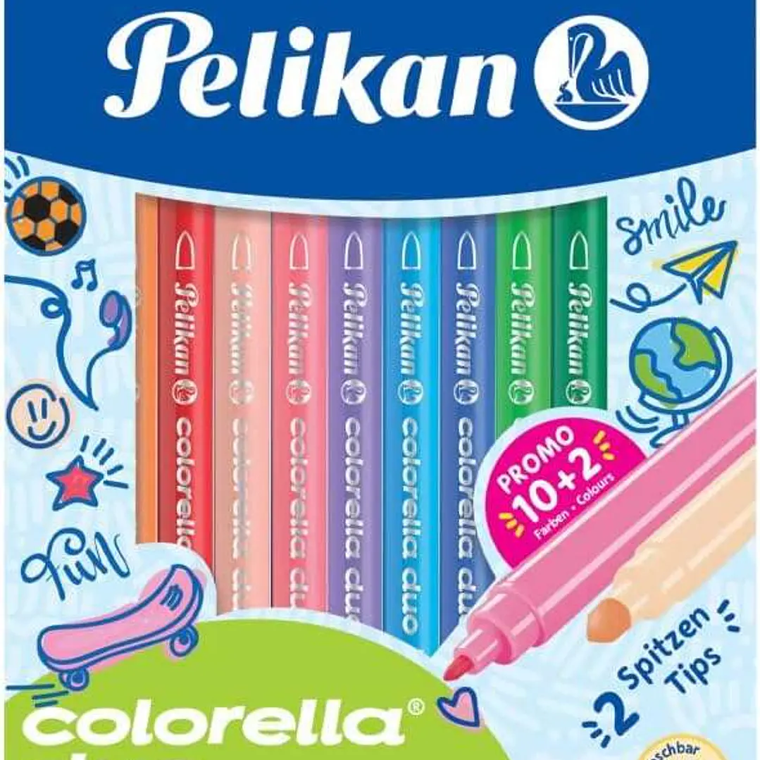 Pelikan Caja de 12 Rotuladores Escolares Colorella Duo C407 10+2 Colores - Doble Punta Fina 1mm y Gruesa 2mm - Lavables 1