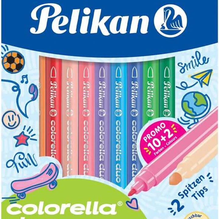 Pelikan Caja de 12 Rotuladores Escolares Colorella Duo C407 10+2 Colores - Doble Punta Fina 1mm y Gruesa 2mm - Lavables 1