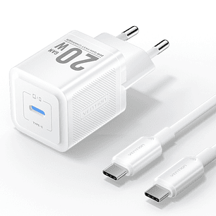 Vention Cargador de Pared GaN USB-C 20W - Cable USB-C 1m - Color Blanco