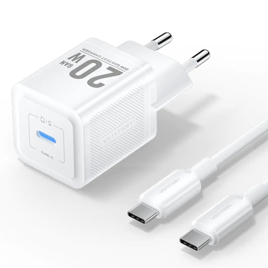 Vention Cargador de Pared GaN USB-C 20W - Cable USB-C 1m - Color Blanco 1