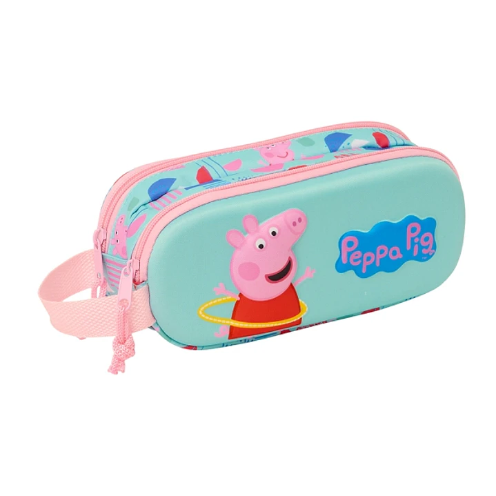 Safta Peppa Pig Estuche Portatodo 3D - 2 Compartimentos - Asa de Mano - 21x8x6cm - Color Azul Claro 1