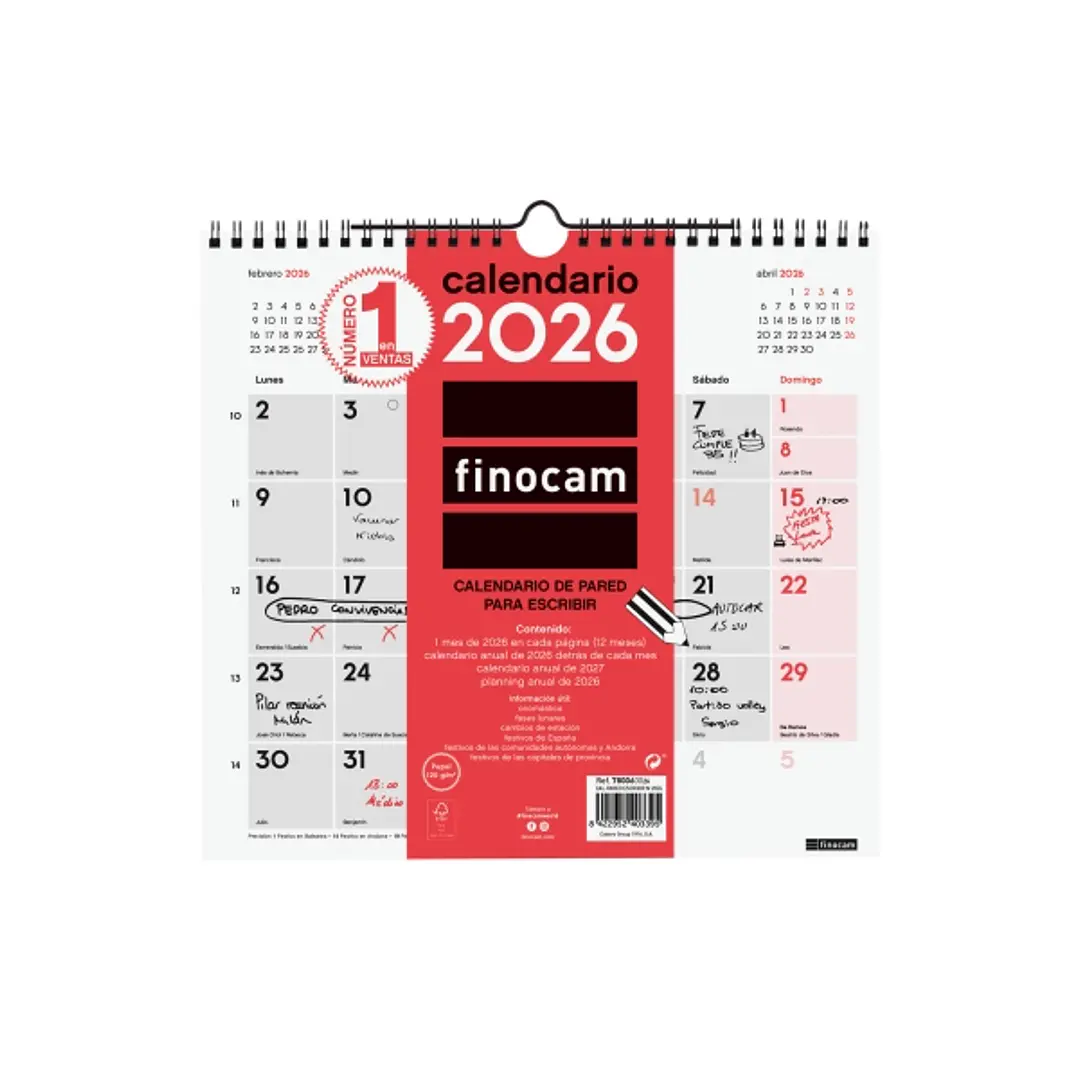 Finocam Calendario de Pared - Anual 2026 - Formato M - 265x5x255mm - Espacio para Escribir - Color Blanco y Rojo 1