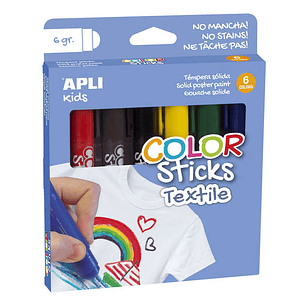 Apli Color Sticks Textil Pack de 6 Temperas Solidas 6gr para Uso en Textil - Secado al Aire en 12 Horas - Sin Disolventes - Para Niños a partir de 3 a