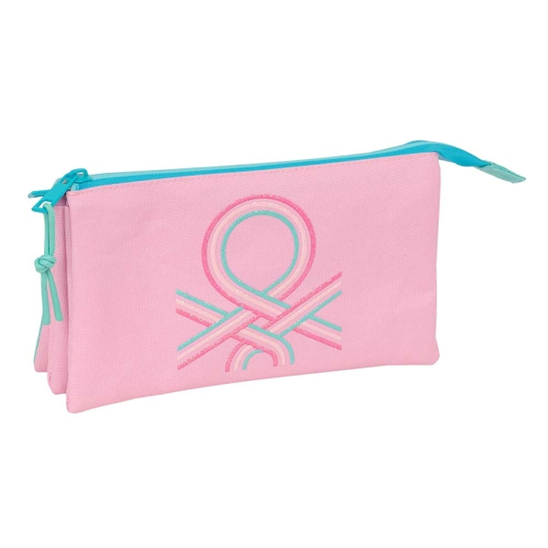 Safta Benetton Dolce Portatodo - 3 Compartimentos con Cremalleras - Bolsillo Interior - 0.6L - 220x30x120mm - Color Rosa Pastel 1