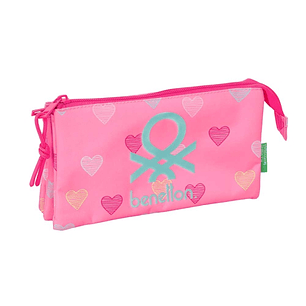 Safta Benetton Heart Portatodo - 3 Compartimentos con Cremalleras - Bolsillo Interior - 0.6L - 220x30x120mm - Color Rosa