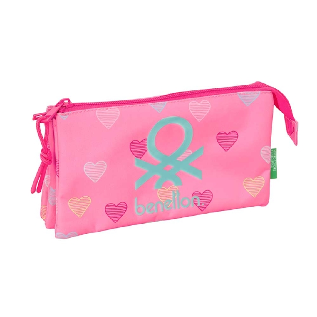 Safta Benetton Heart Portatodo - 3 Compartimentos con Cremalleras - Bolsillo Interior - 0.6L - 220x30x120mm - Color Rosa 1