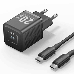 Vention Cargador de Pared GaN USB-C 20W - Cable USB-C 1m - Color Negro