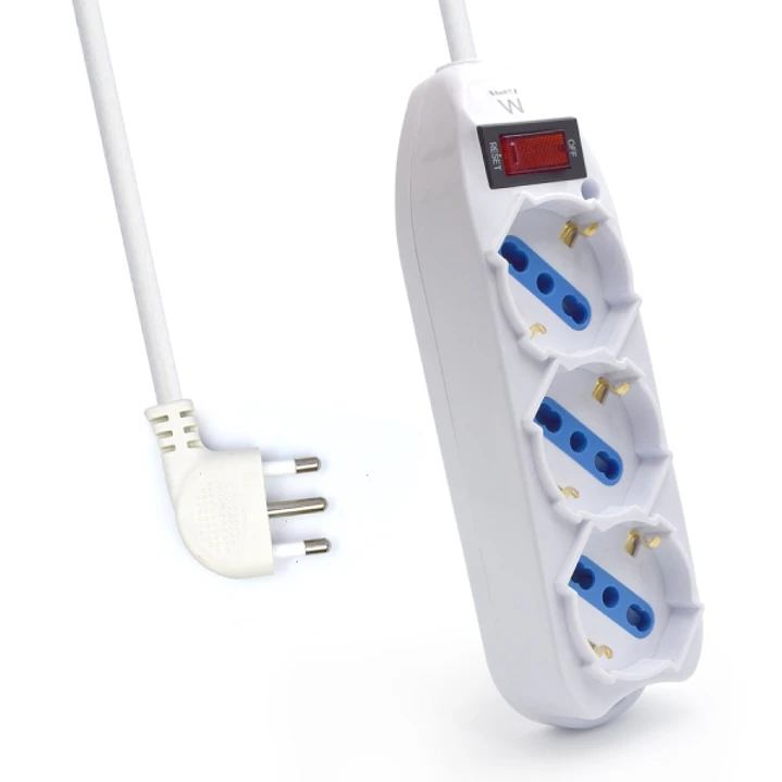 Ewent Regleta con 3 Tomas Tipo L/F (Schuko) de 10/16A - Interruptor On/Off - Enchufe Italiano Plano en Angulo - Cable de 1.5m - Color Blanco 1