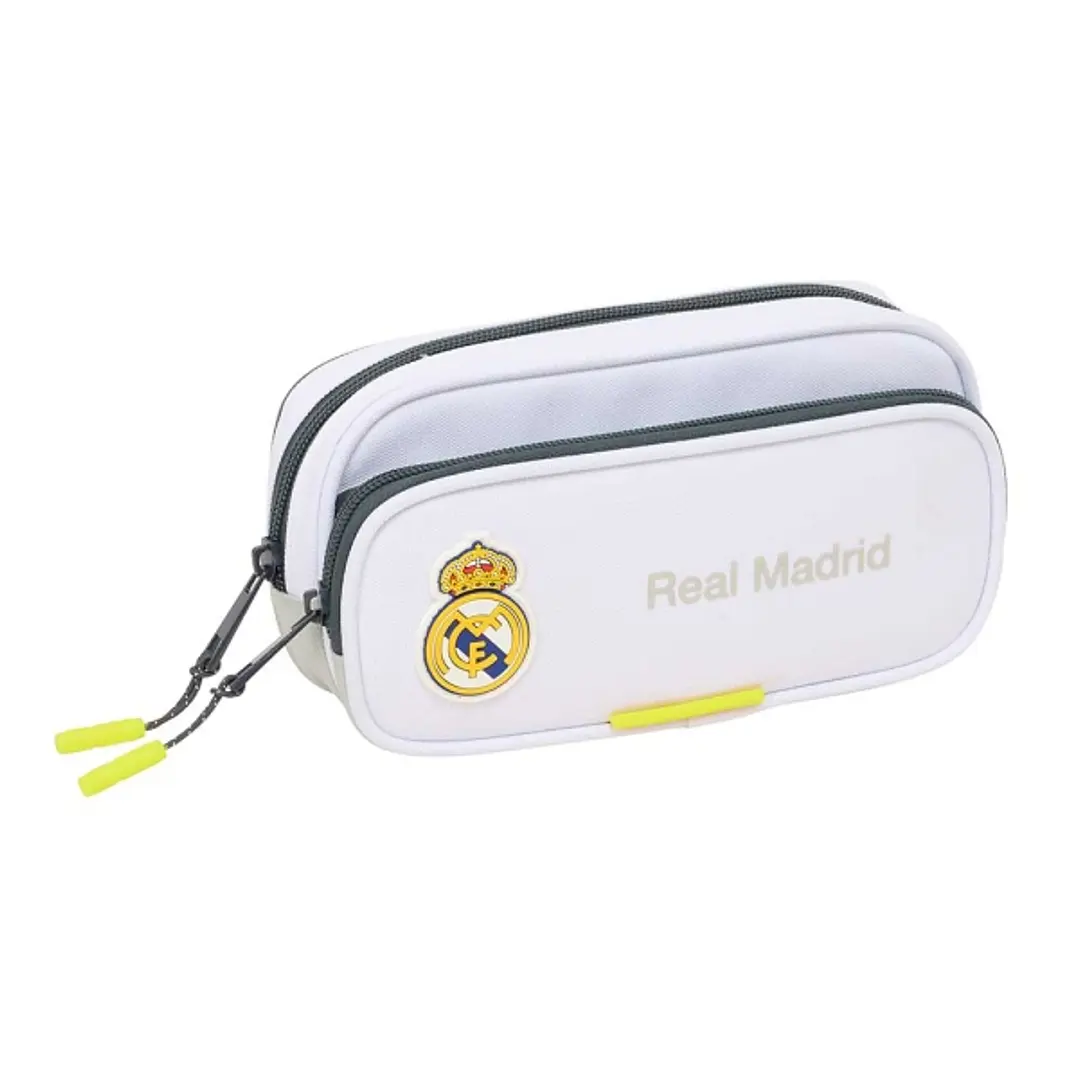 Safta Real Madrid Estuche Portatodo de 1.3L - 2 Compartimentos - Bolsillo Lateral - Cierre con Cremallera - 21x10.5x6cm - Color Blanco y Negro 1