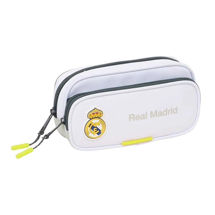 Safta Real Madrid Estuche Portatodo de 1.3L - 2 Compartimentos - Bolsillo Lateral - Cierre con Cremallera - 21x10.5x6cm - Color Blanco y Negro 1
